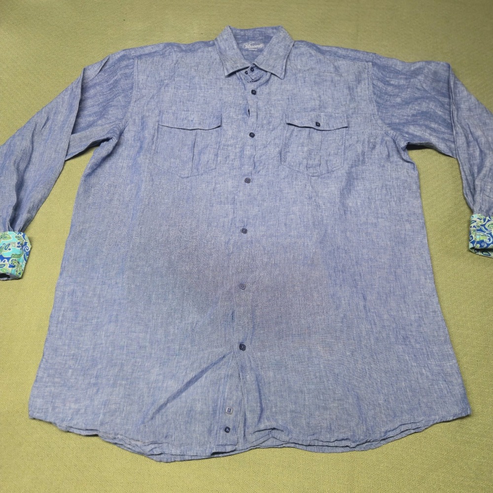 Visconti Uomo‎ Mens Blue Linen Blend Button Down Shirt Paisley Cuff